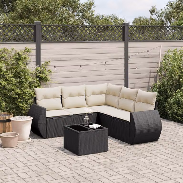 vidaXL Set Divano da Giardino a L 6 pz in Polyrattan Nero con Cuscini e Tavolino da Caffè