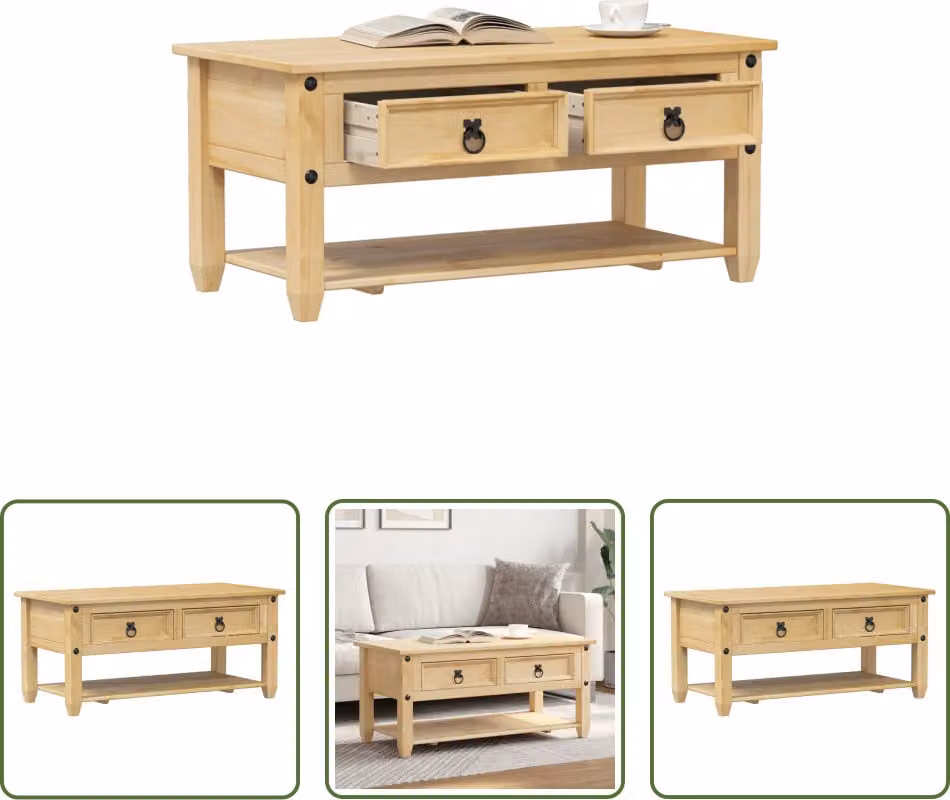 The Living Store Tavolino con cassetti  100x48x45 cm in legno di pino massiccio