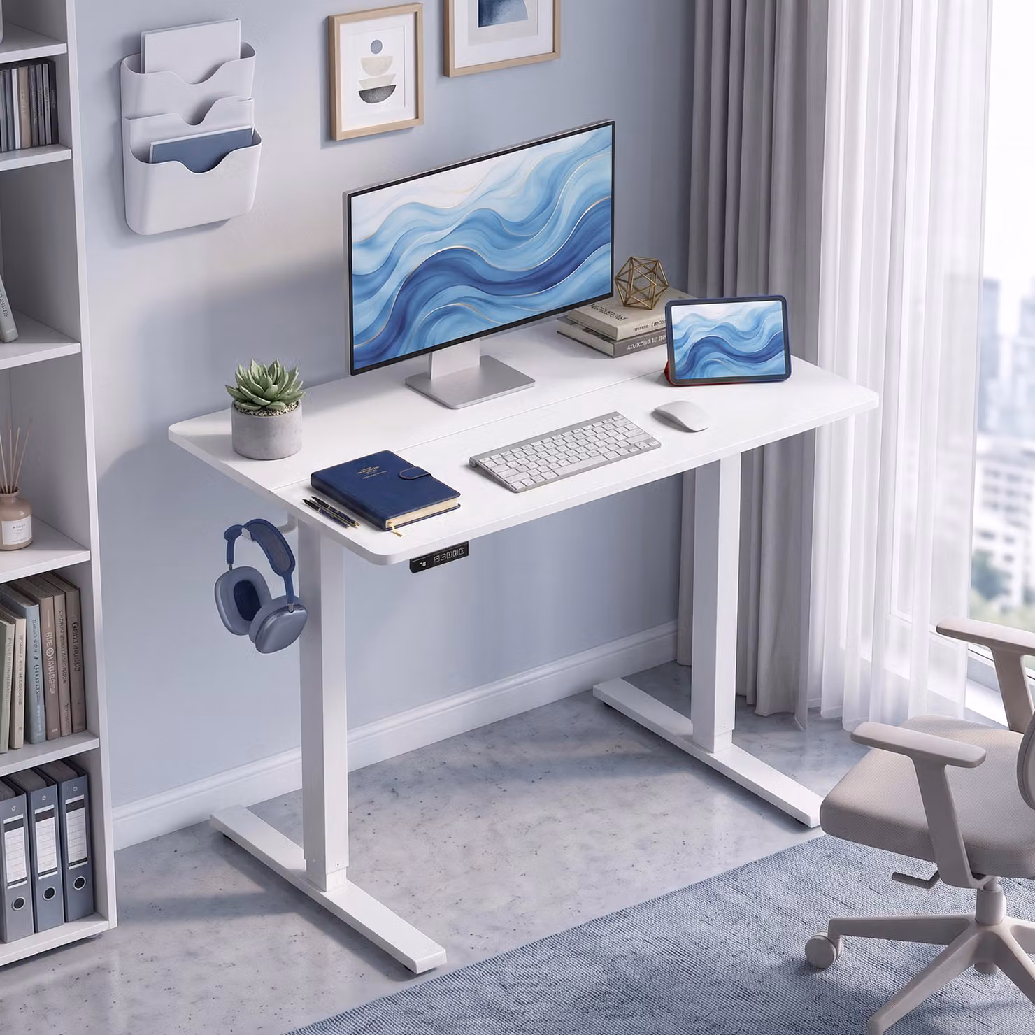 Scrivania regolabile in altezza HOMCOM con memoria, bianca, design moderno per home office – 2