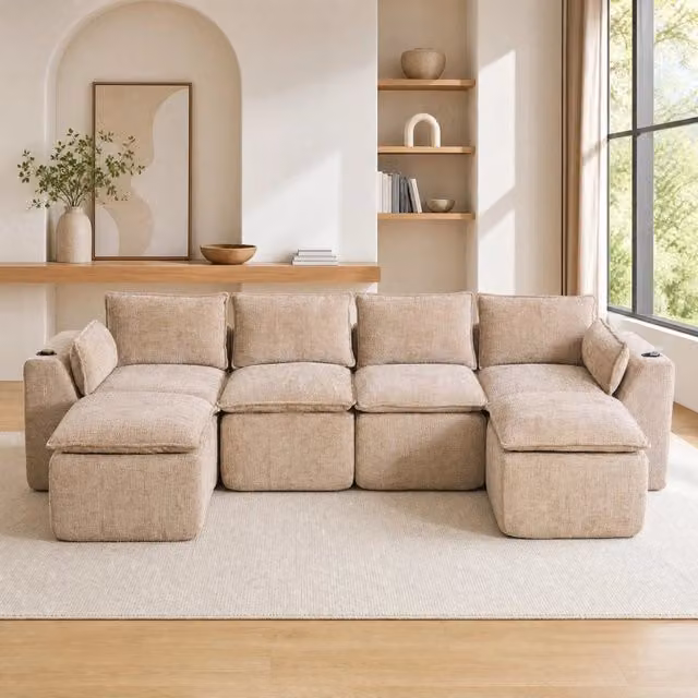 Divano modulare 322x161 cm in ciniglia kaki con poggiapiedi HOMVRA