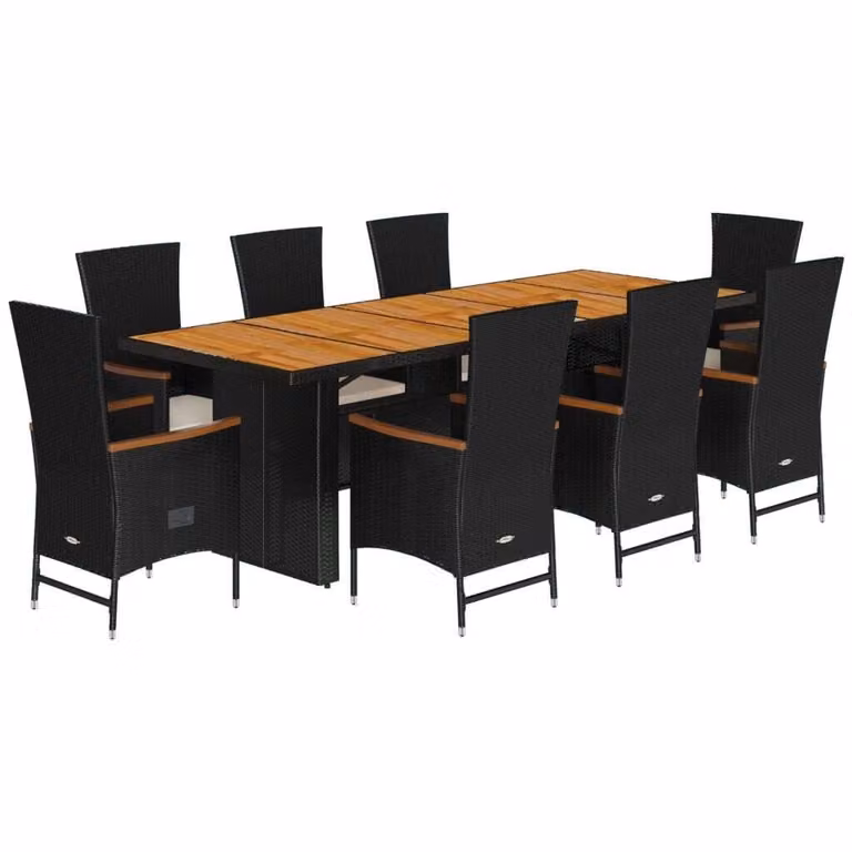 Set da Pranzo da Giardino 9 pz con Cuscini Nero in Polyrattan