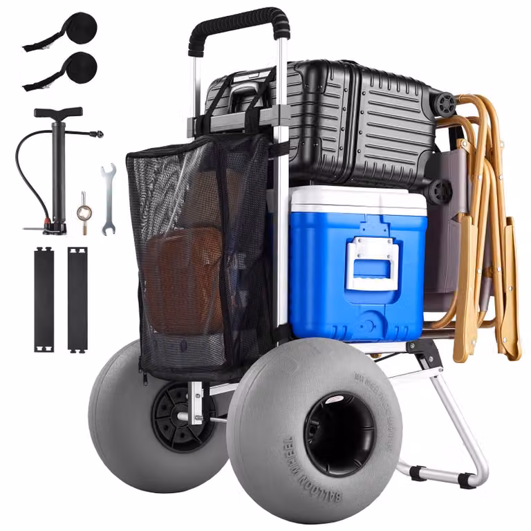 Carrello da spiaggia pieghevole - Carrello con pneumatici gonfi da 30,5 cm - Struttura in alluminio - Maniglia in schiuma regolabile in 4 posizioni - Capacità di carico: 75 kg - Ideale per la spiaggia, il campeggio e la pesca