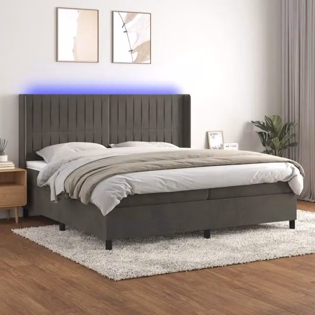 Letto Ibrido vidaXL con Materasso, Illuminazione LED Sotto il Letto e Porte USB, Rivestimento in Velluto Grigio e Bianco, L/P: 200 x 200 cm – 1