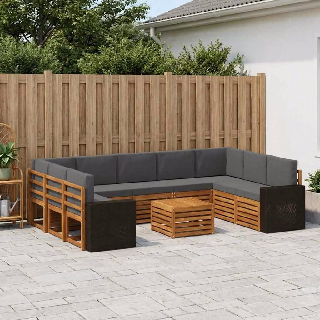 Set di divani da esterno vidaXL a forma di L composto da 10 pezzi in legno di acacia con cuscini in poliestere beige e antracite per giardino e terrazza