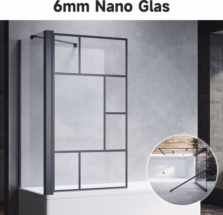 SONNI Attacco per vasca pieghevole nero 80x140cm NANO vetro ESG 6mm cabina doccia per vasche da bagno - design a traliccio, con pannello laterale 70x140 cm