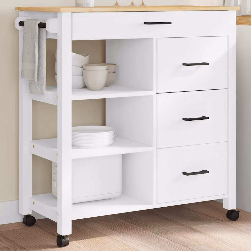 vidaXL Carrello da Cucina MONZA in Legno di Pino Bianco con Ruote L 84 cm x P 40 cm x H 88,5 cm