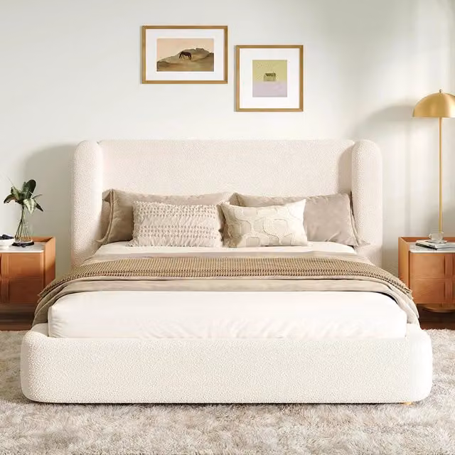 Letto doppio imbottito 160x200cm - Xylo - bouclé beige idraulico