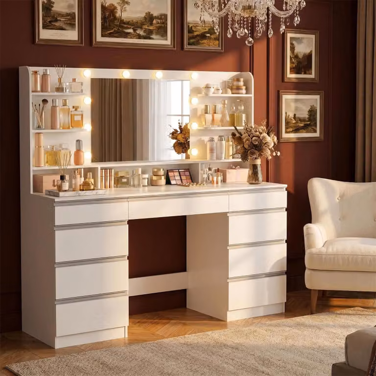 Comò bianco da 108 cm - Con grande specchio - 6 cassetti e vani a giorno - Design minimalista e moderno - Mobile per la camera da letto
