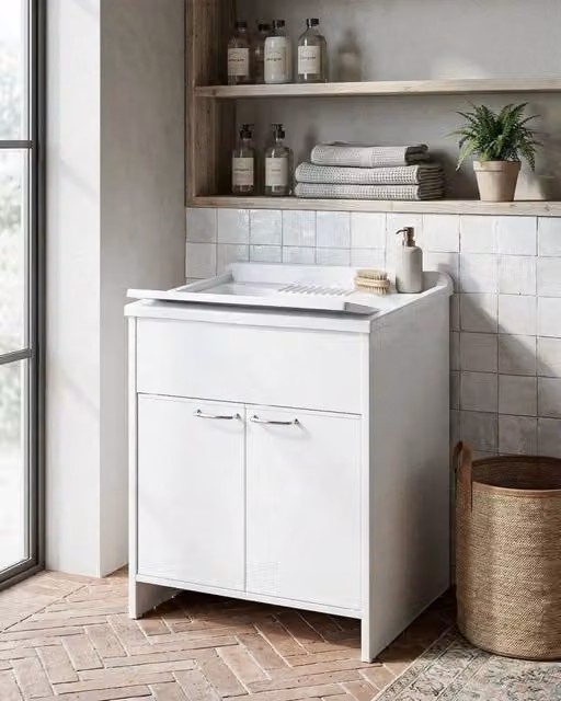 Mobile Lavatoio NEXA 60 Lavapanni in PVC con Vasca e 2 Ante, Bianco, L: 60 cm, P: 50 cm, H: 85 cm