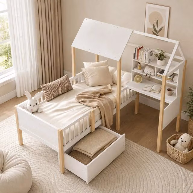 Desviae Letto a casetta per bambini 90 × 200 cm con scrivania a L libreria cassetti con ruote legno bianco e naturale