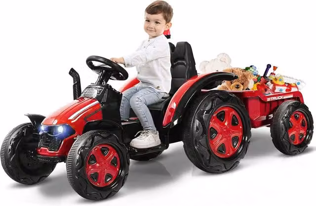Costway Trattore Elettrico per Bambini con Rimorchio e Telecomando, Giocattolo 2 in 1 con Luci e Suoni, Rosso – 1