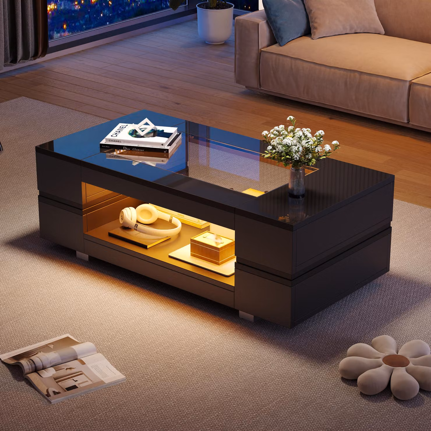 Tavolino da salotto nero a LED con controllo tramite app Bluetooth, struttura a doppio strato cavo, ideale per feste, uffici e soggiorni