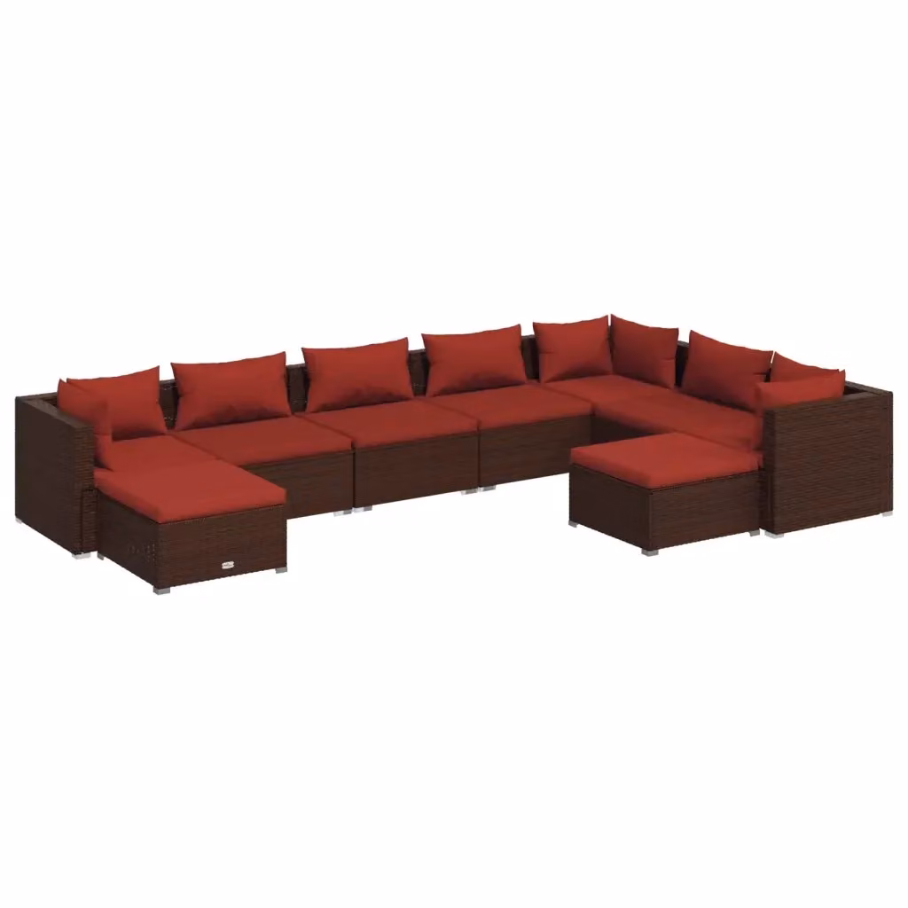 Set di Divani da Giardino vidaXL a Forma di U composto da 9 Pezzi con Cuscini in Polyrattan Marrone e Rosso – 2