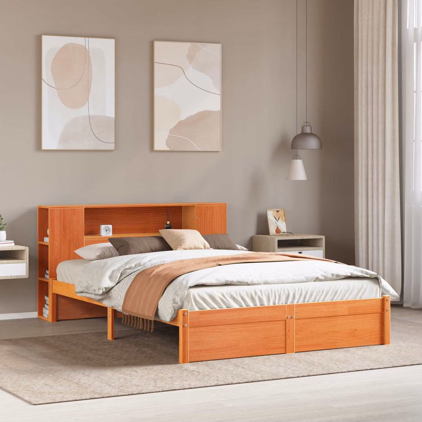 Struttura letto con testiera contenitore vidaXL in legno di pino marrone cerato L/P/H: 200 x 140 x 82 cm