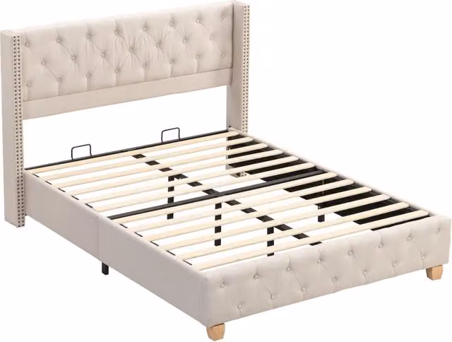 Letto imbottito capitonné beige 140x190 cm con rete a doghe e testiera rivestita in lino