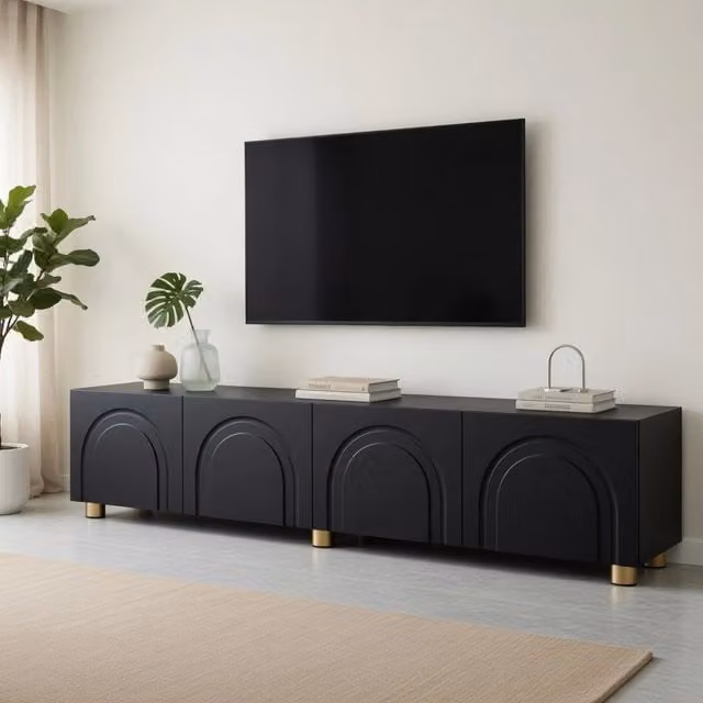 Cassettiera TV moderna KOMHTOM nera in MDF e metallo per soggiorno L: 180 cm, P: 40 cm, H: 35 cm