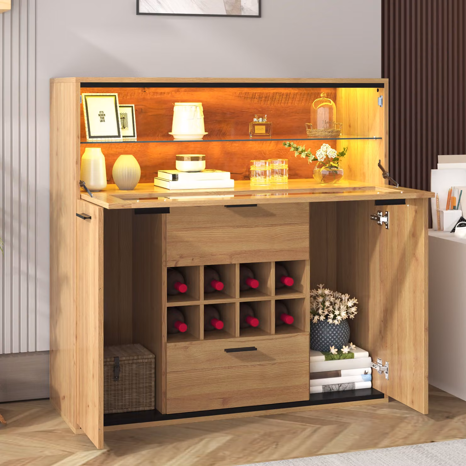 Cassettiere AIORBER, con portabottiglie, ante a battente, con illuminazione a LED, ripiani in vetro, armadi per vini, per cucina, soggiorno, 110x38x111cm, natura