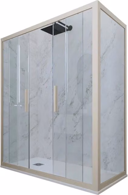 Box doccia rettangolare FORTE mod. Glam Duo con 2 ante scorrevoli, vetro trasparente e profilo champagne, L 140 cm x P 70 cm x H 200 cm