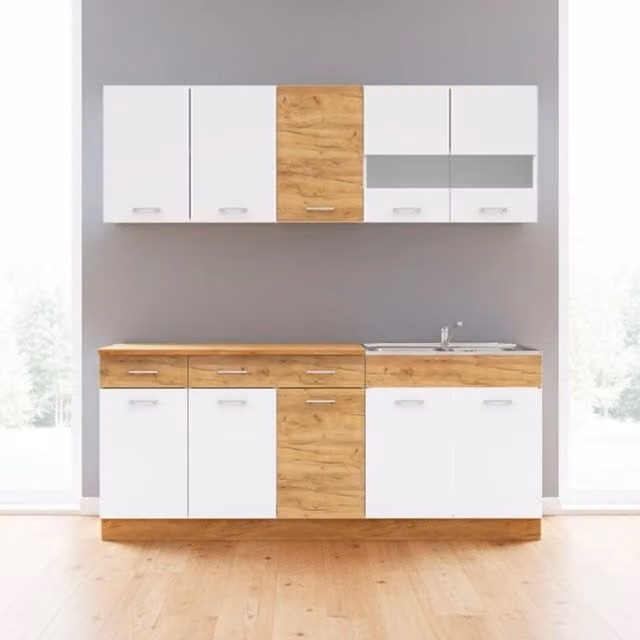 Cucina monoblocco 200 cm Erika bianco e rovere con lavello e pensili