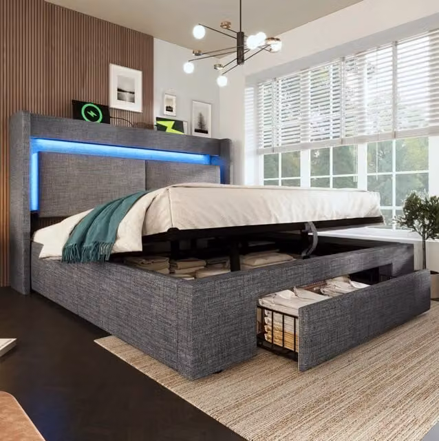 Letto imbottito ULEVR 160x200 cm con contenitore idraulico, cassetto, LED, USB e USB-C, lino grigio