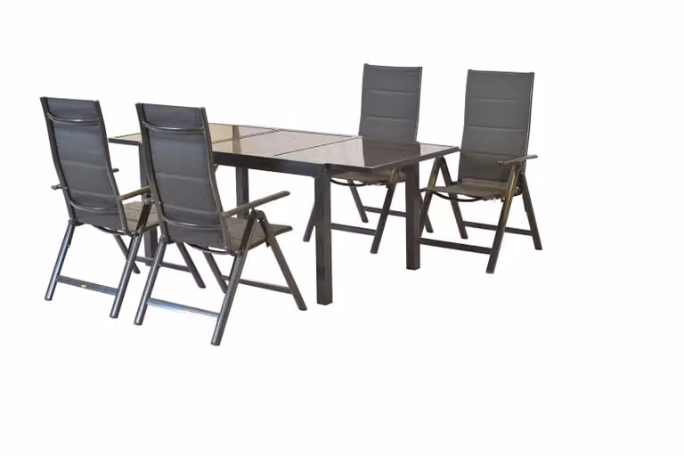 Set di mobili da giardino Merxx Taviano 5 pezzi, 4 sedie pieghevoli, tavolo allungabile 140 (200) x 90 cm - alluminio/tessuto