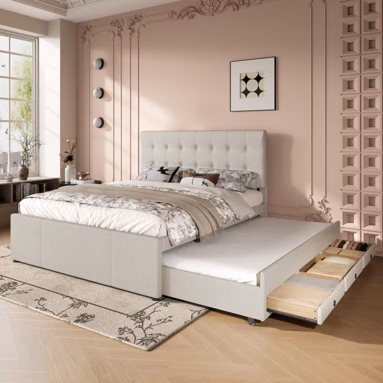Letto imbottito 140x200 cm con letto estraibile, 3 cassetti e poggiatesta regolabile in altezza, rivestito in lino, senza materasso, color beige