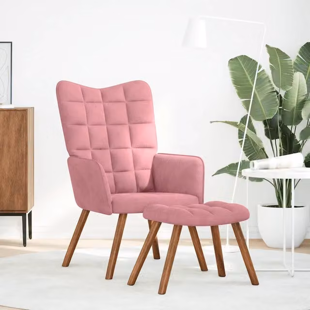 Poltrona Relax Moderna con Poggiapiedi in Velluto Rosa e Struttura in Legno e Metallo