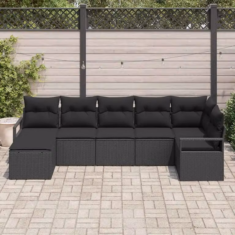 Set di divani da giardino vidaXL in rattan nero con cuscini e struttura in acciaio 7 pezzi