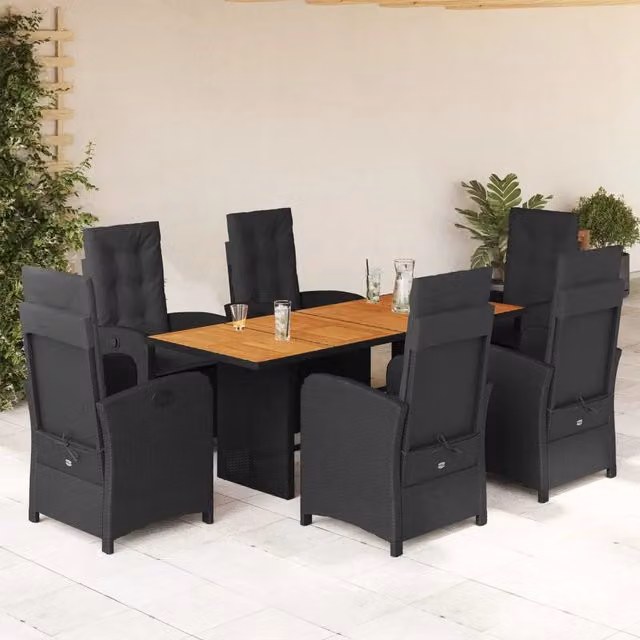 Set da pranzo da giardino vidaXL in legno di acacia oliato e polyrattan nero e marrone con 7 pezzi