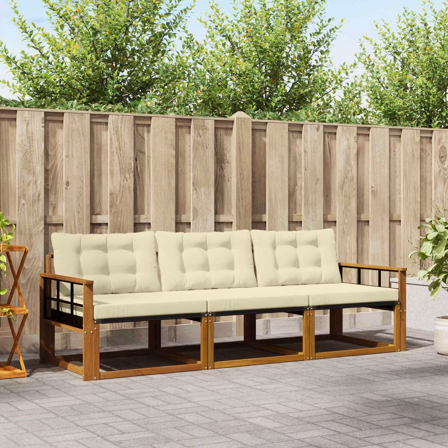 Set di divani da esterno vidaXL in legno di acacia e textilene, 3 pezzi, Beige e Bianco