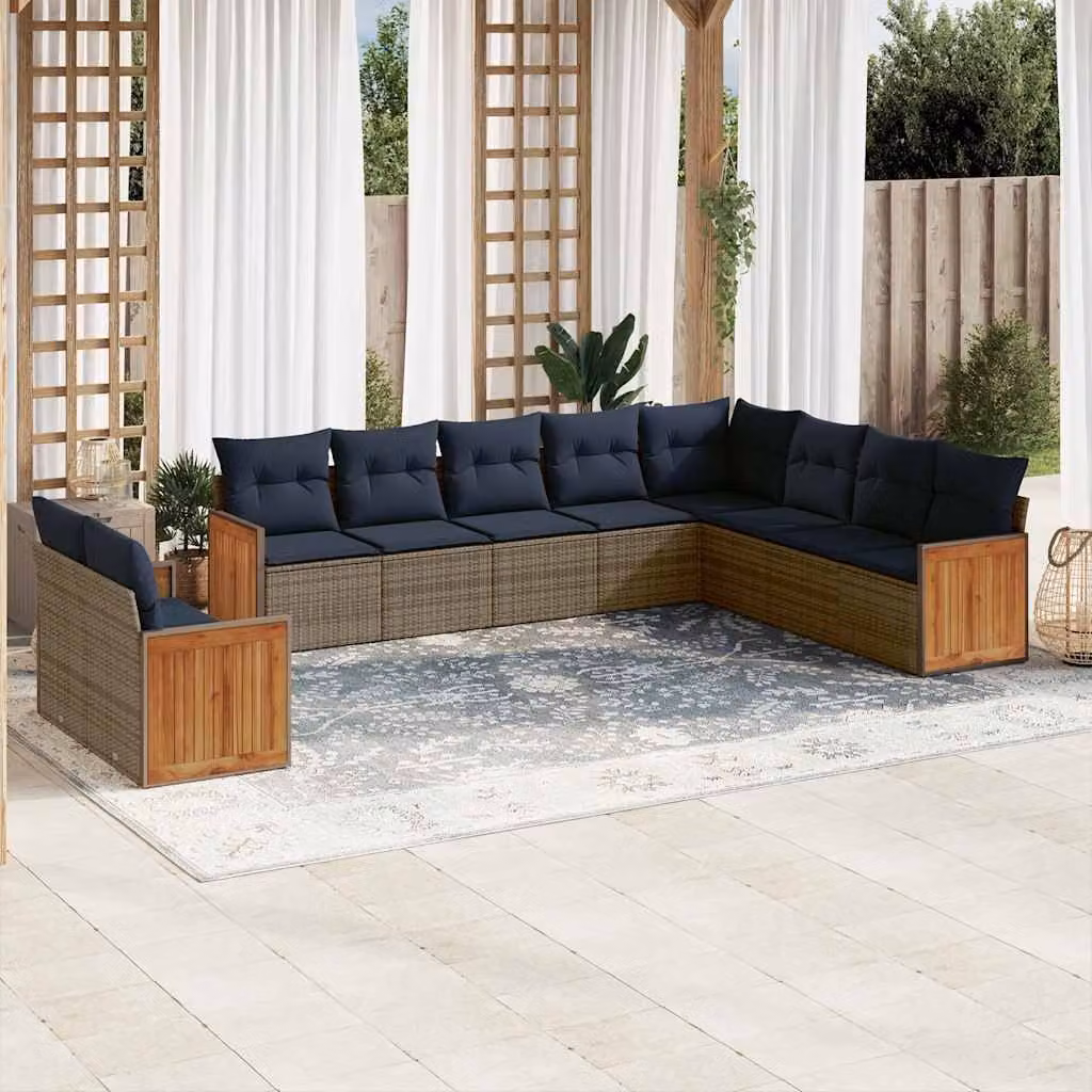 Set di divani da giardino vidaXL in rattan e legno di acacia con cuscini grigi e blu, design moderno a forma di L per esterno
