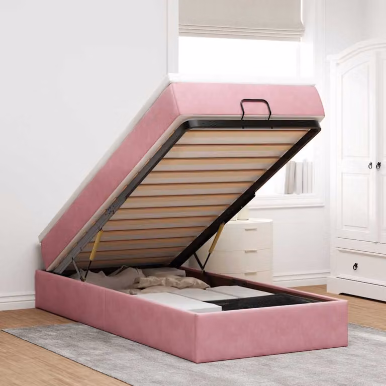 vidaXL Struttura Letto con Pouf e Materasso in Velluto Rosa e Bianco, L/P/H: 203 x 140 x 90 cm