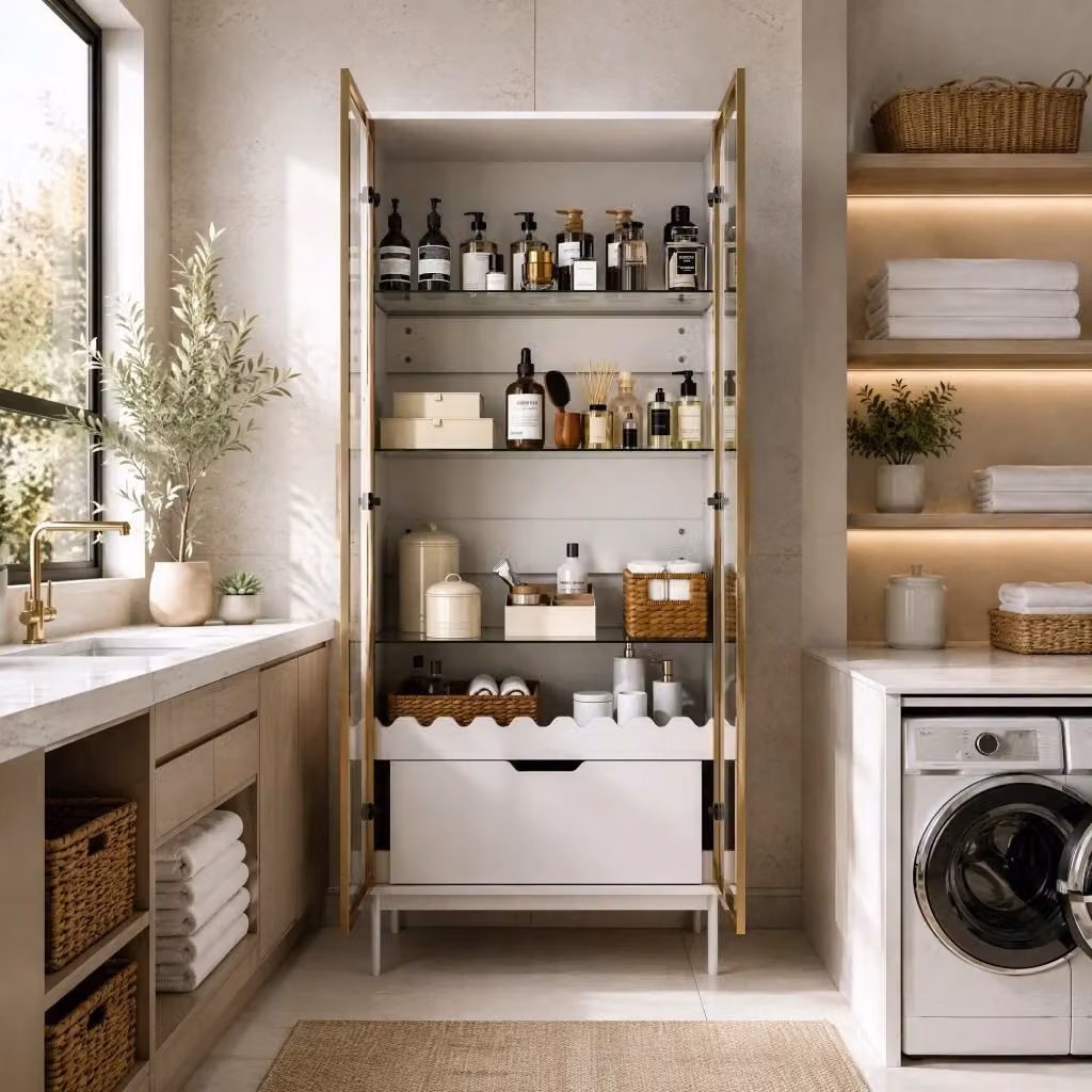 Armadio alto moderno REDOM con ripiani interni e cassetti, finitura opaca in oro e bianco, in MDF e metallo – 2