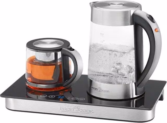 Proficook Piastra per tè e caffè con bollitore 3 in 1 in vetro e acciaio inox, colore argento