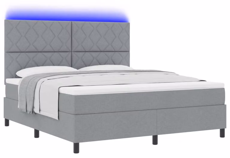 Letto boxspring con strisce luminose a LED, grigio chiaro, 180 x 200 cm, rivestimento in tessuto
