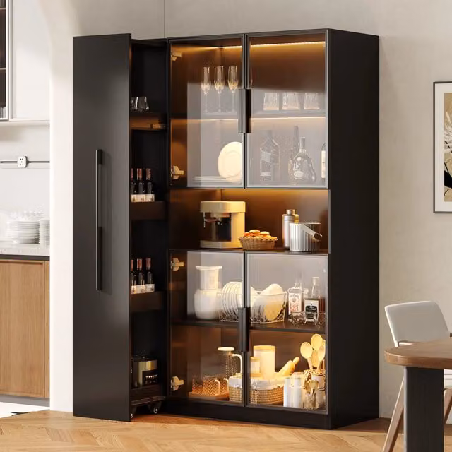 Vetrina con LED e ripiani estraibili in MDF nero con vano aperto e cassetti per soggiorno 110 × 35 × 160 cm