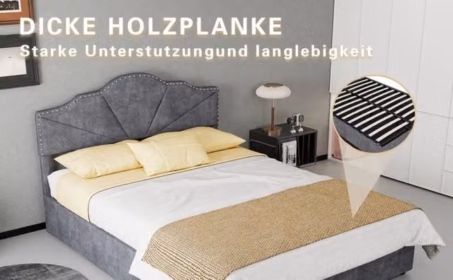Letto imbottito minimalista 140×200 cm con basamento contenitore ad alzata pneumatica, grigio, materasso incluso