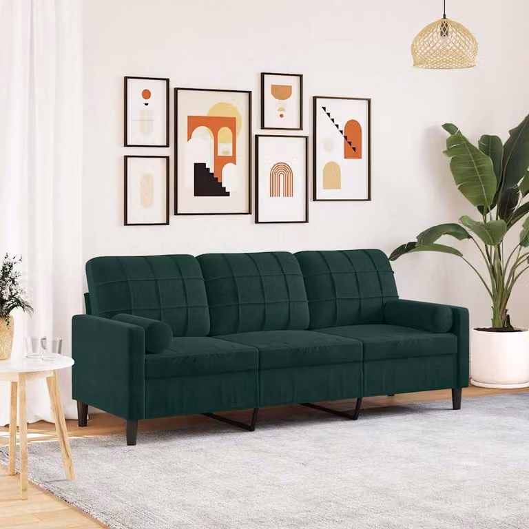 vidaXL Divano a 3 Posti Moderno in Velluto Verde con Cuscini e Rivestimenti Rimovibili L: 197 cm, P: 80 cm, H: 77 cm