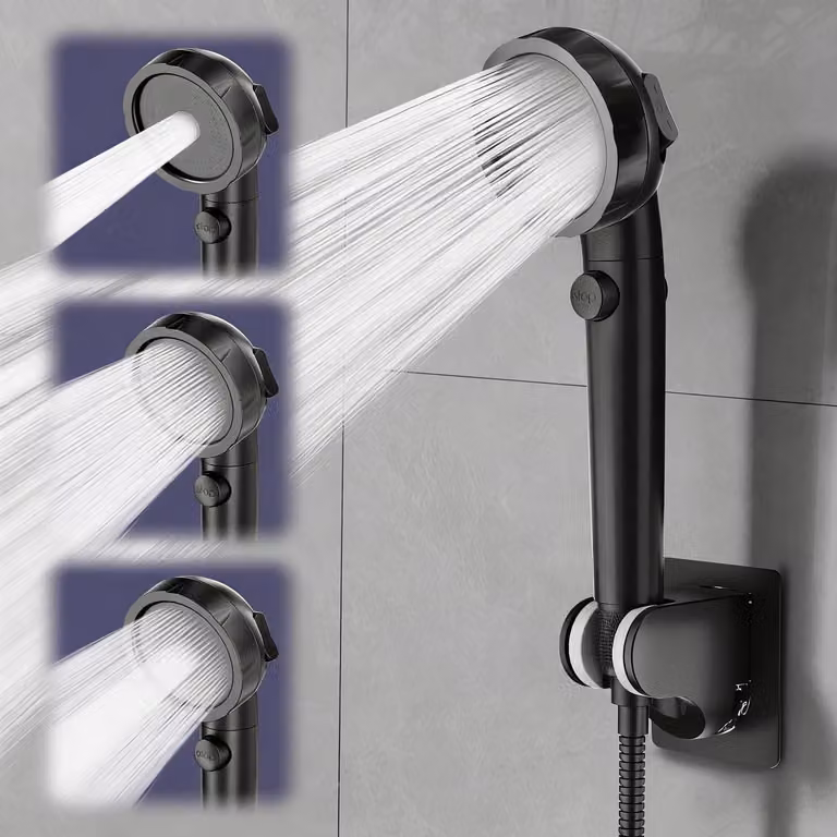 Doccia a risparmio idrico con filtro, 3+1 modalità di spruzzo, soffione manuale ad alta pressione con interruttore on/off, colore nero