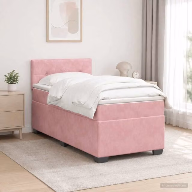 Letto con Box Spring, Materasso Ibrido e LED vidaXL in Velluto Rosa, L/P/H: 90 x 200 cm