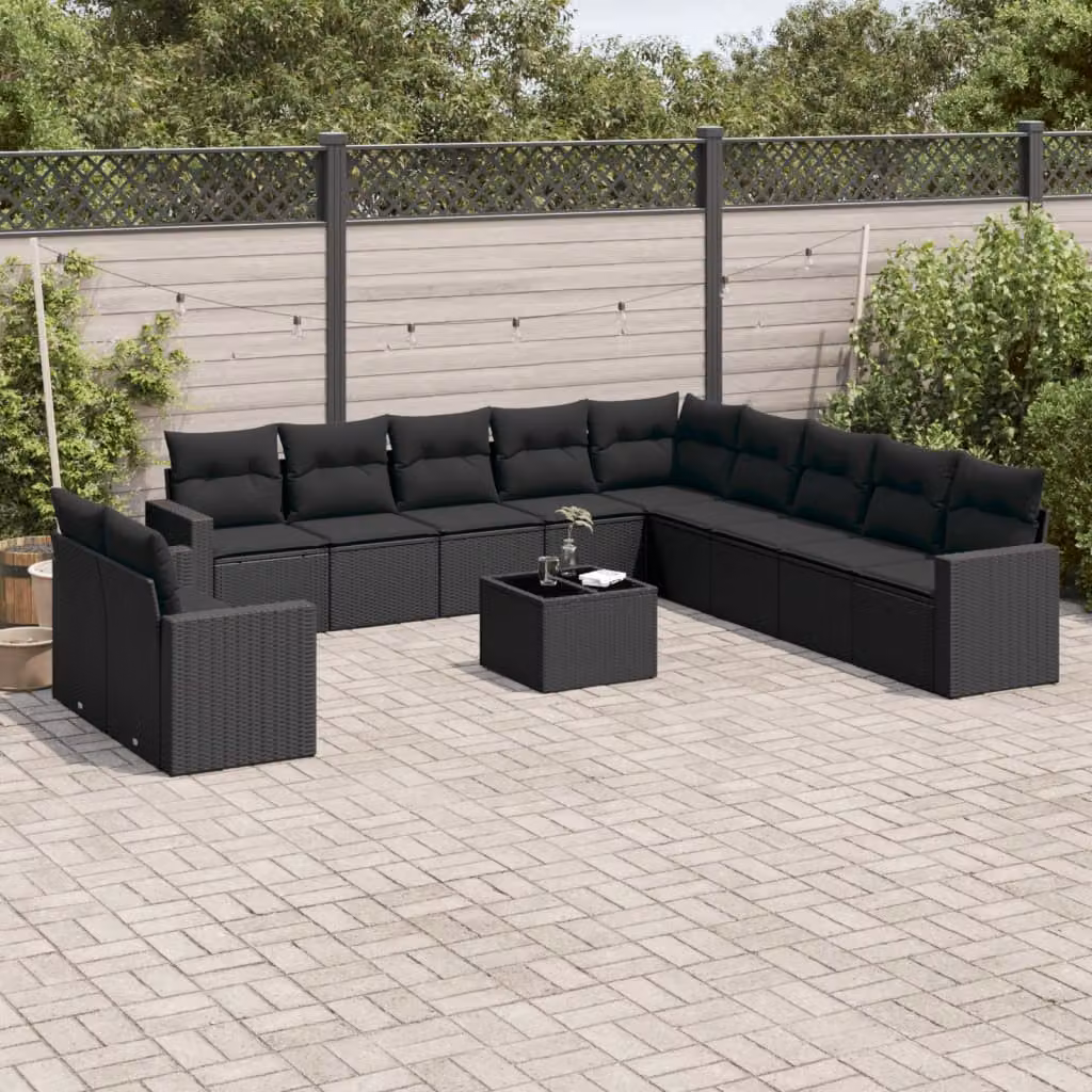 Set di divani da giardino vidaXL in polyrattan nero con cuscini e tavolino da esterno – 1
