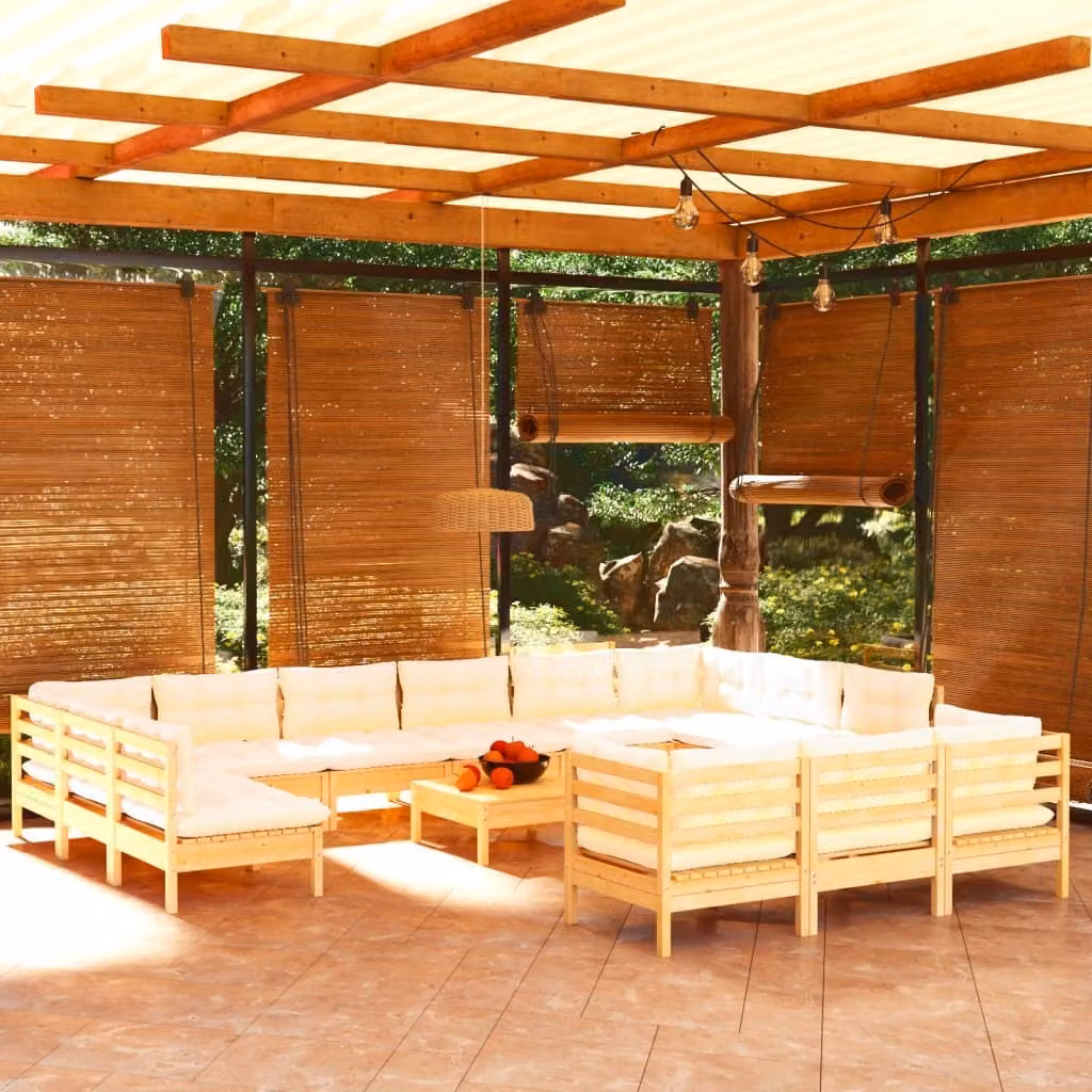 The Living Store Set da giardino 14 pezzi con cuscini color crema in legno di pino
