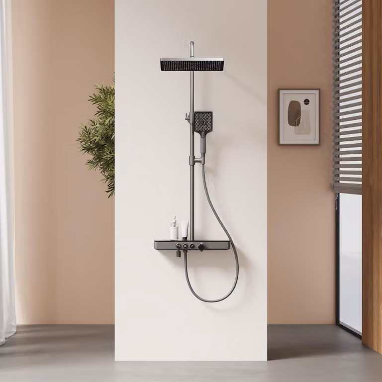 Colonna doccia termostatica, 36x24 cm, con soffione a pioggia, finitura grigio metallizzato