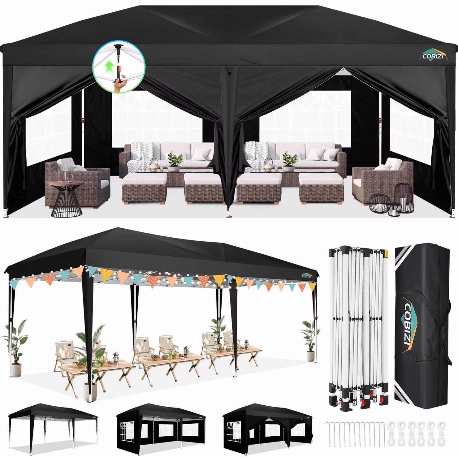 Tenda da esterno 3x6 metri, impermeabile, stabile, resistente alle intemperie invernali, con 6 pareti laterali, protezione UV UPF 50+, colore nero