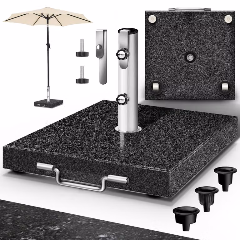 tillvex® Supporto per ombrellone in granito con rotelle e maniglia di trasporto antracite - 27 kg Quadrato | Supporto per ombrellone con tubo in acciaio inox | Supporto per ombrellone da balcone per pali dell'ombrellone da 16-48 mm e 300 cm di diametro de