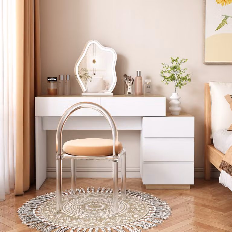 Scrivania Sweiko con 5 cassetti, toletta, funzione contenitore, per camera da letto, in truciolato E1, bianco+rovere