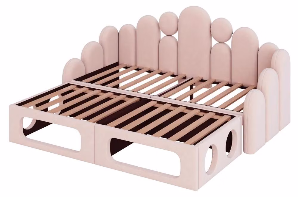 Divano letto imbottito - 180 × 200 cm - 2 in 1 con cuccia per animali domestici - Tessuto vellutato morbido - Bordi e schienale color grigio ardesia - Rosa