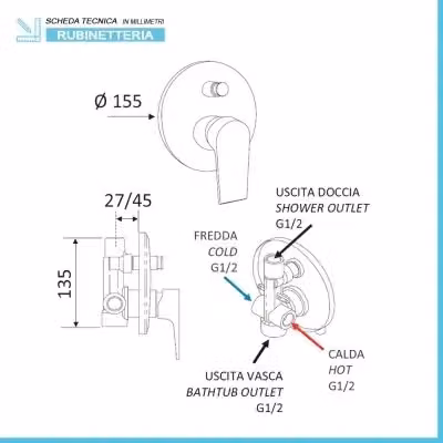 Miscelatore doccia incasso a leva singola Mariani serie Artic in ottone bianco opaco con deviatore e funzione risparmio idrico – 2