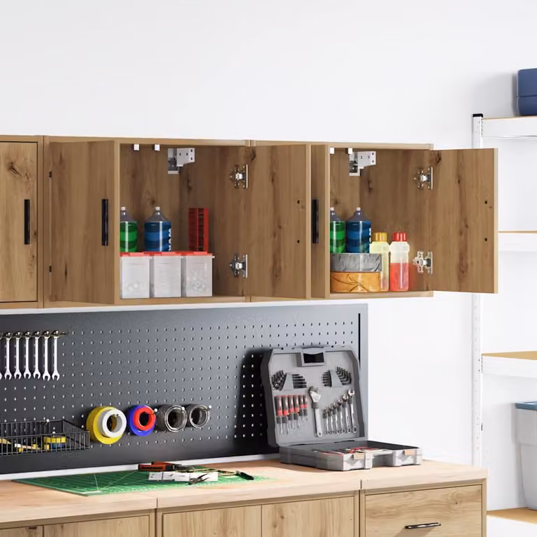Set di 2 pensili da garage vidaXL in legno multistrato e MDF color rovere opaco con ante a battente e ripiani interni