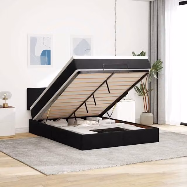 Letto con contenitore a sollevamento vidaXL in velluto nero e bianco con materasso ibrido L/P/H: 193 x 140 x 280 cm